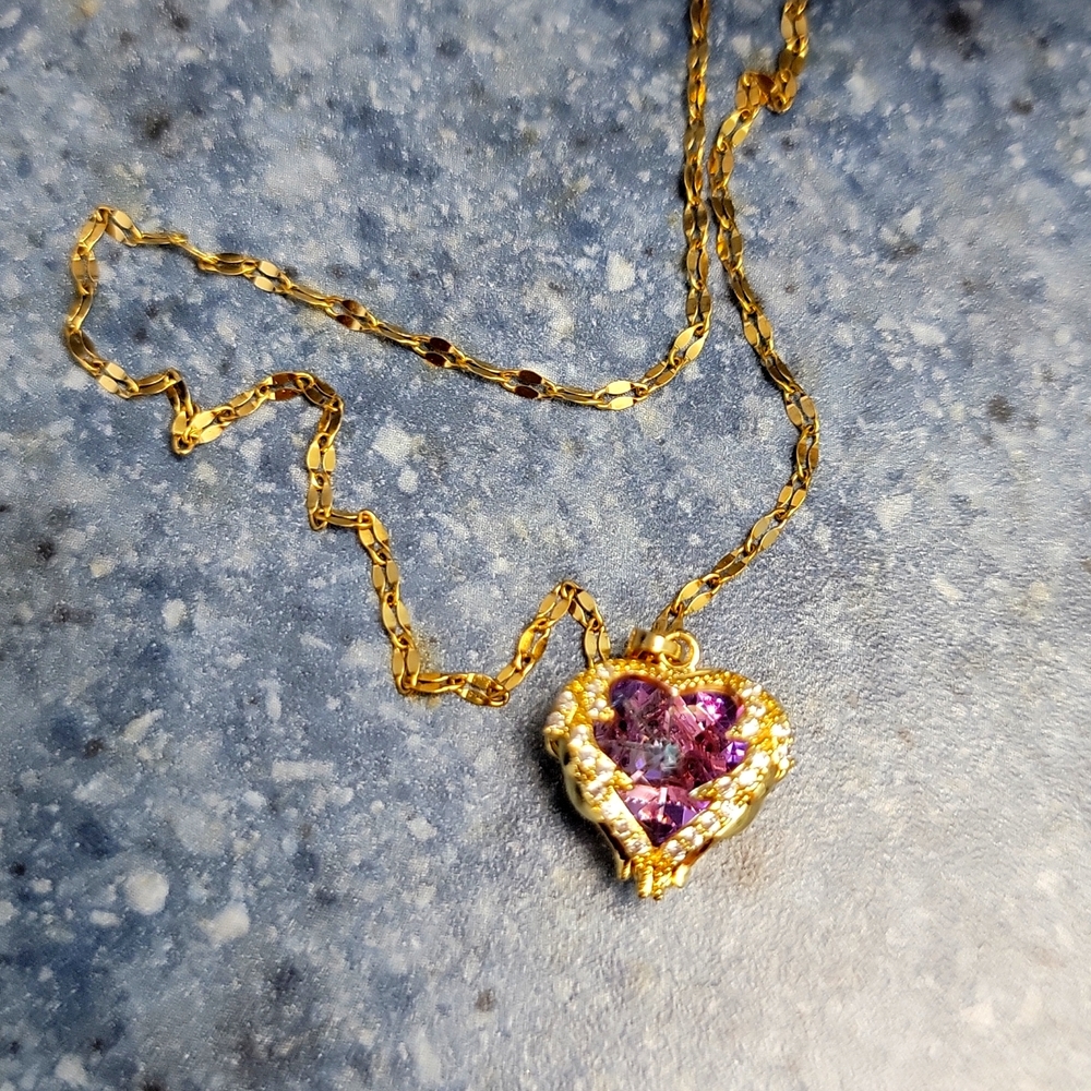 Heart Shape Pendant Necklace Simulated Amethyst & Crystals 15-17 Inches NEW - Picture 9 of 12